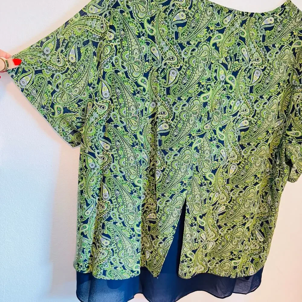 MICHAEL KORS Green White Navy Blue Paisley Print Tunic $120 Blouse Top Shirt 2X